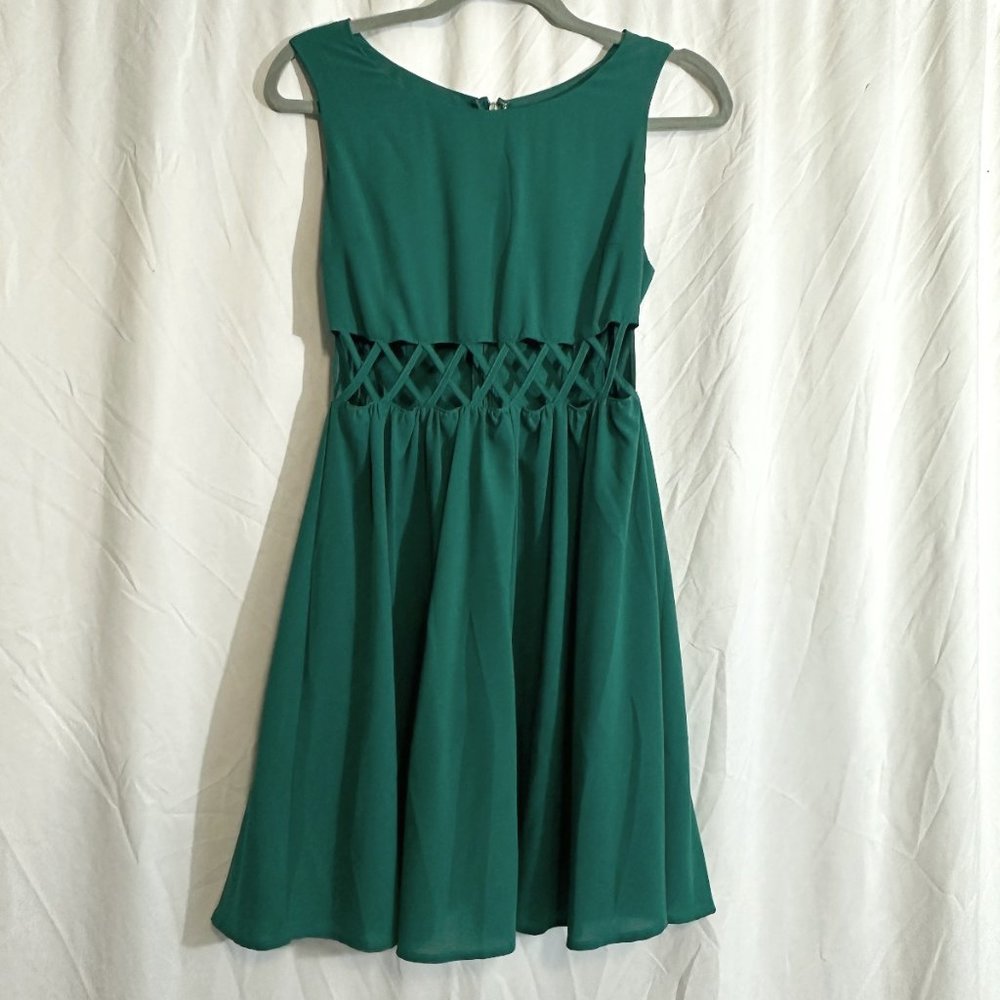 Green Cocktail Dress | Sleeveless w Cutout Waist (Small)